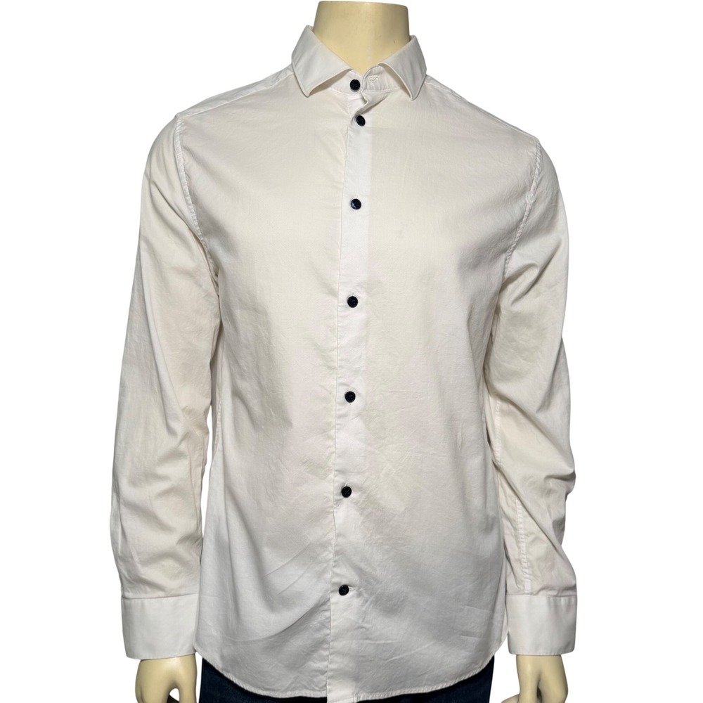 H&M Slim Fit Button Down Shirt Mens White Good Textured Navy Buttons Long Sleeve